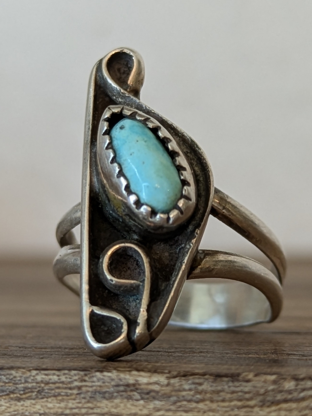 Vintage Sterling Silver Turquoise Ring Sz 6 Modernist Southwest Double Band